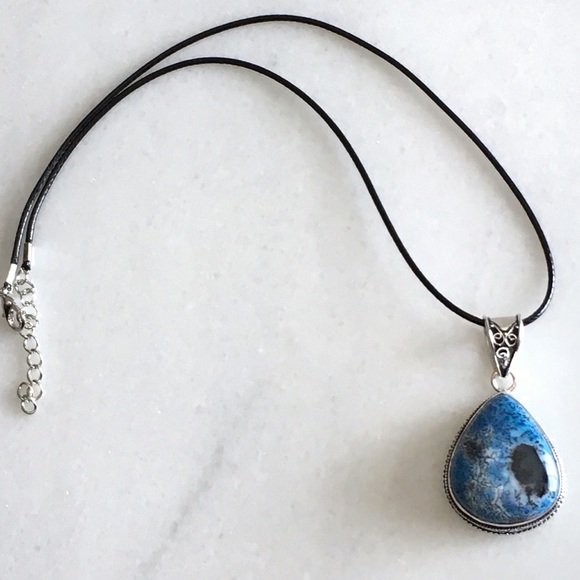 New Blue Dendritic Opal Stone Silver Overlay Pendant Necklace 19” - Picture 5 of 7